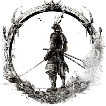 Samurai Inside Ornate Frame Tattoo Design