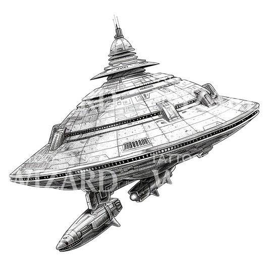 Sci-Fi Spaceship Cross-hatched Tattoo Idea