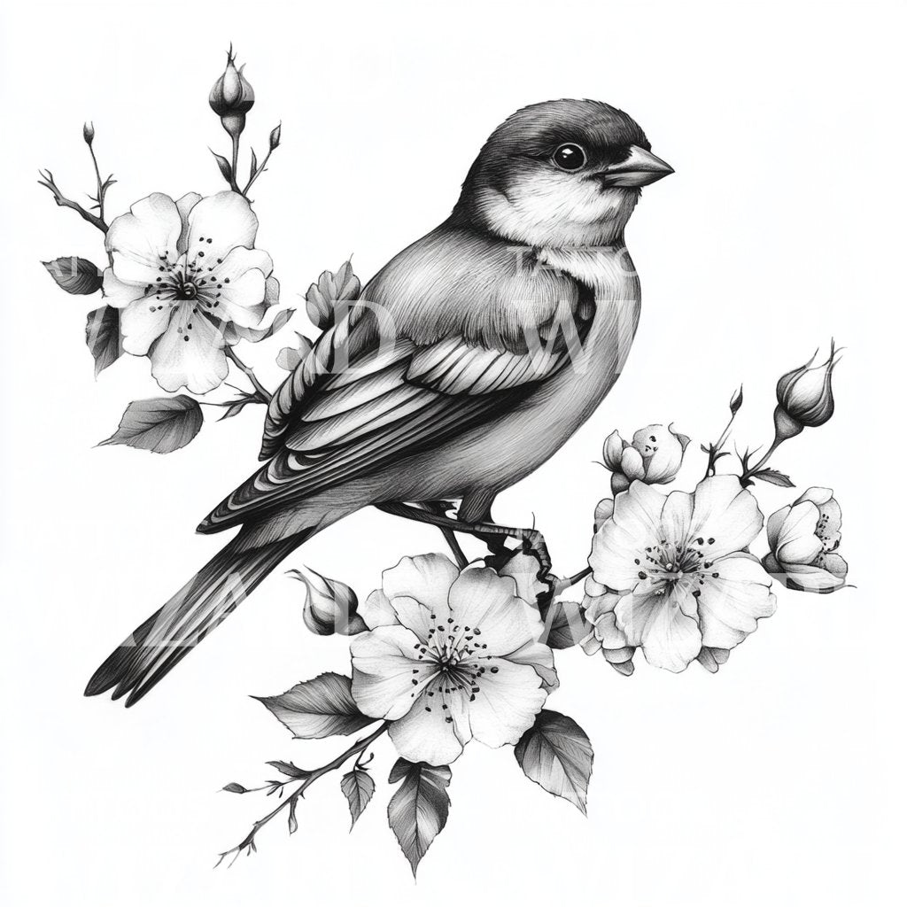 Sparrow in Flowers Elegant Symbol Tattoo Design