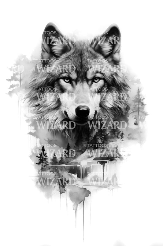 Spiritual Wolf in Watercolor Style Tattoo Design