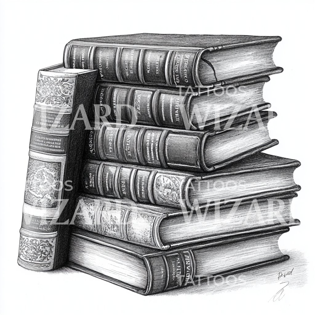 Stacked Antique Books in Dotwork Style Tattoo Design