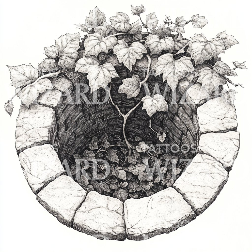 Stone Well with Ivy Overgrowth Tattoo Design