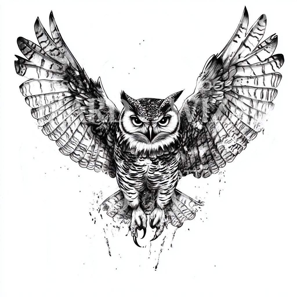 Striking Owl in Flight Tattoo Design