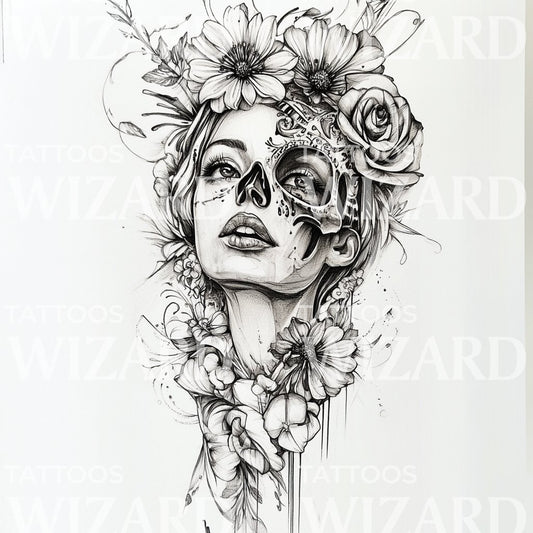 Surrealist Girl with Face Mask Tattoo Design