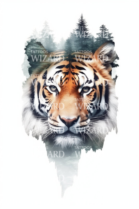 Tiger Head in the Forest Tattoo Design