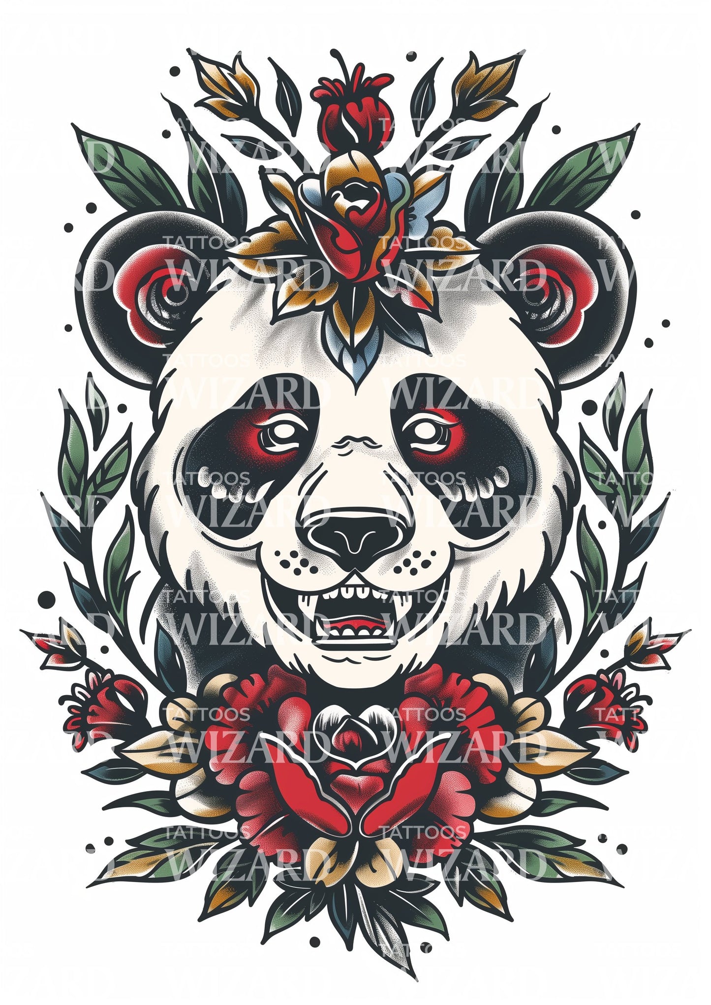 Traditional Panda With Roses Tattoo Idea