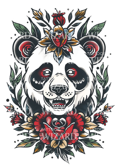 Traditional Panda With Roses Tattoo Idea
