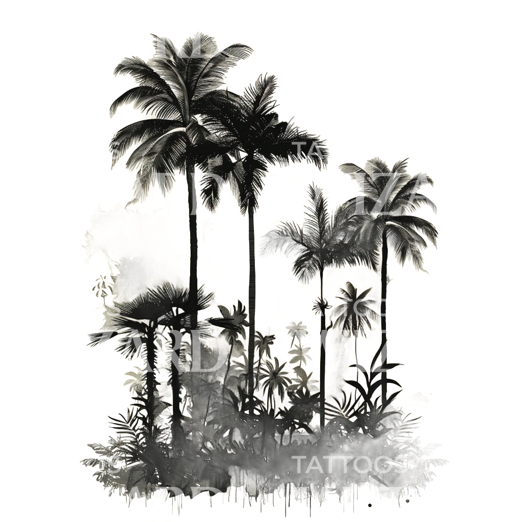 Tropical Jungle with Fog Tattoo Design
