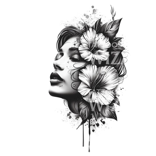 Tropical Woman with Hibiscus Tattoo Design