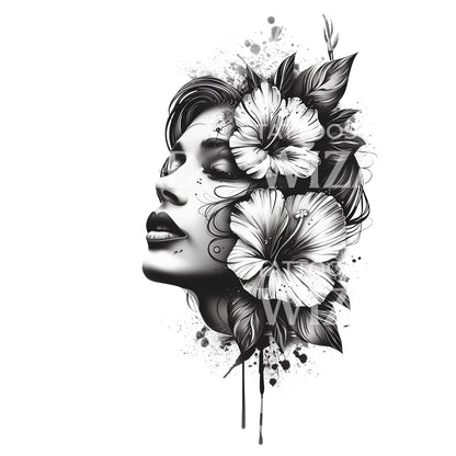 Tropical Woman with Hibiscus Tattoo Design