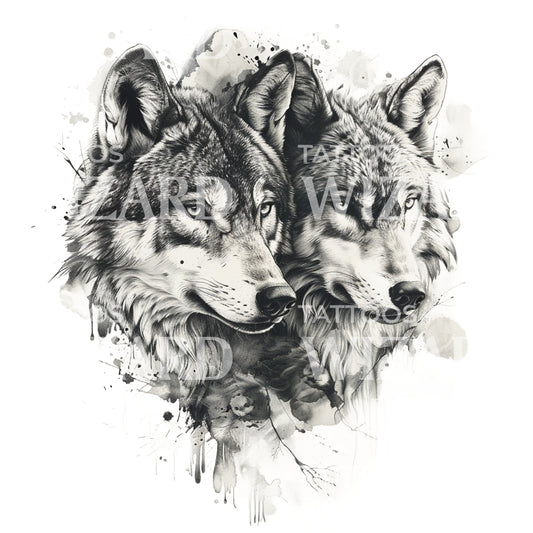 Two Wolves Facing the Same Direction Tattoo Design
