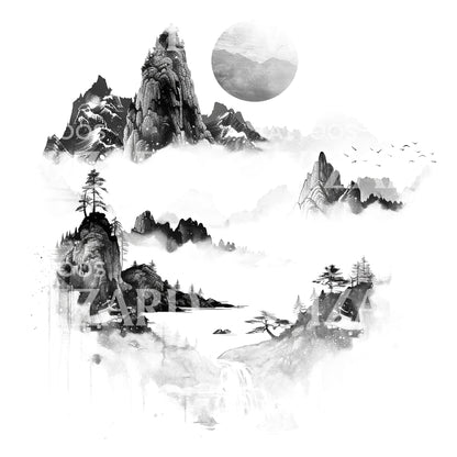 Vintage Chinese Ink Landscape Tattoo Design