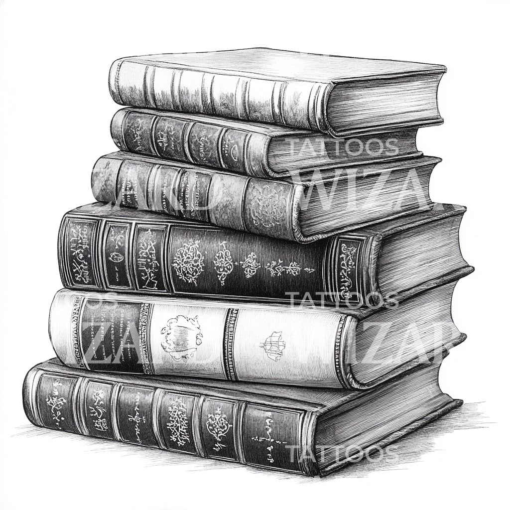 Vintage Leather-Bound Book Collection Tattoo Design