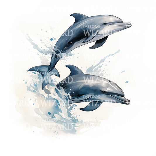 Watercolor Dolphins Swimming Together