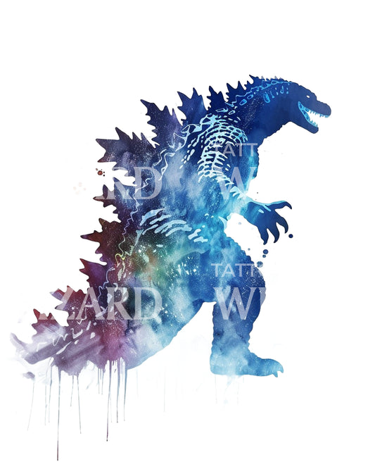 Watercolor Splashes Godzilla Tattoo Design