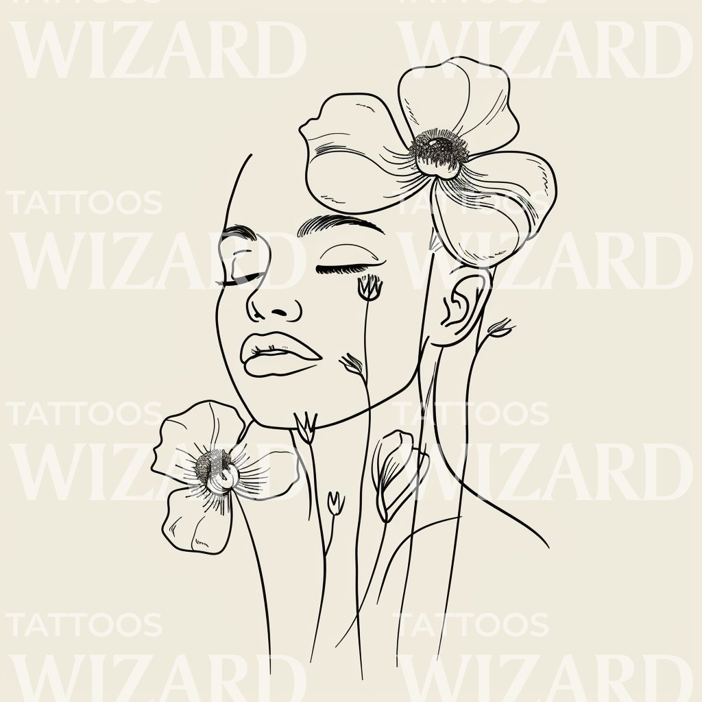 Woman with Floral Composition Tattoo Design