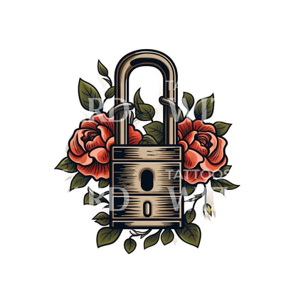 Lock and Roses Old School Tattoo Design