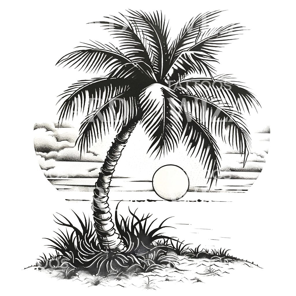 Conception de tatouage noir et blanc au coucher du soleil avec palmier