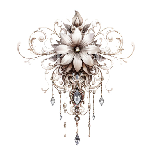 Flowers and Cristal Jewelry Tattoo Design