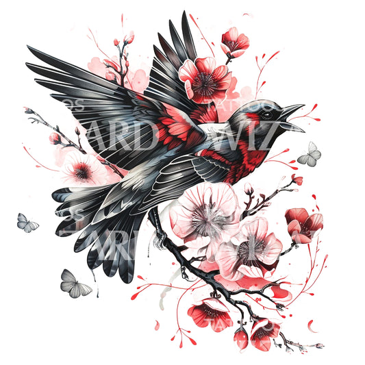 Neotraditional Bird and Sakura Blossom Tattoo Design