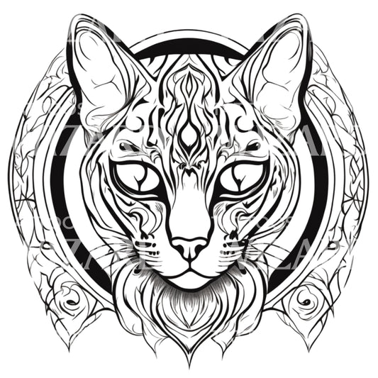 Bengal Cat Head with Patterns Circle Tattoo Design