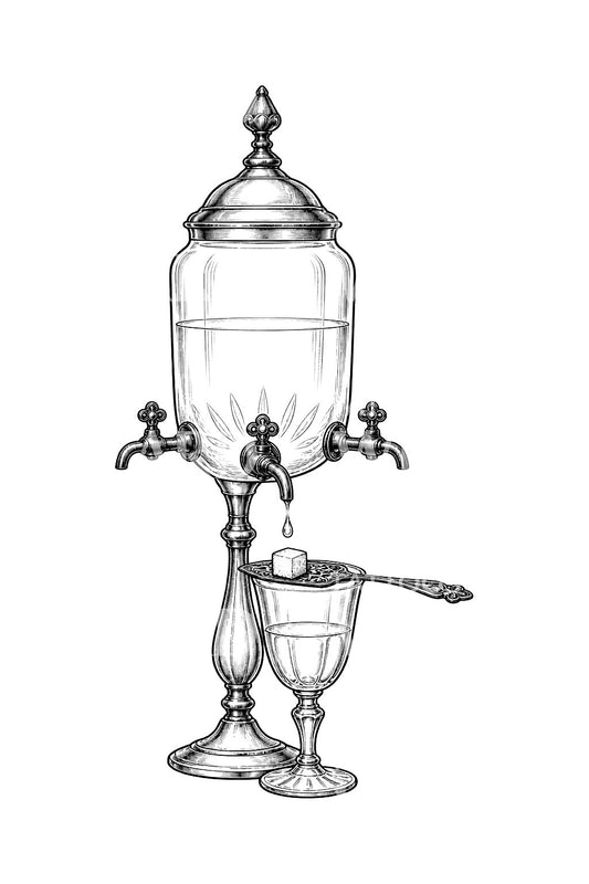 Tatoveringsdesign med absintfontene og skje
