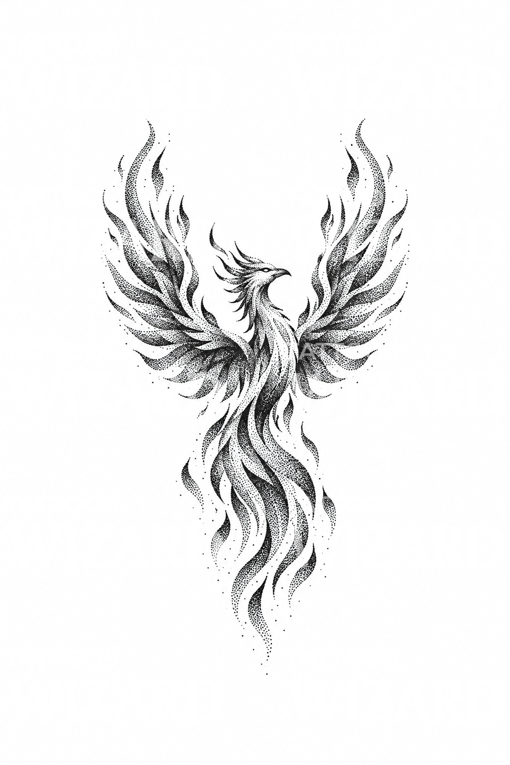Abstrakt, stiplet føniks med flammer i dotwork