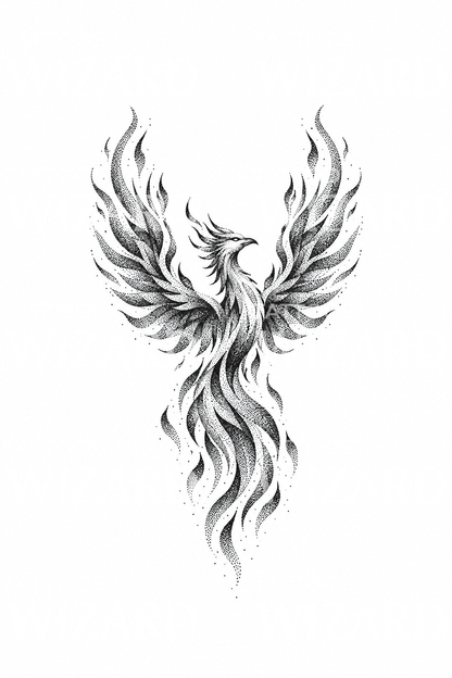 Abstrakt, stiplet føniks med flammer i dotwork