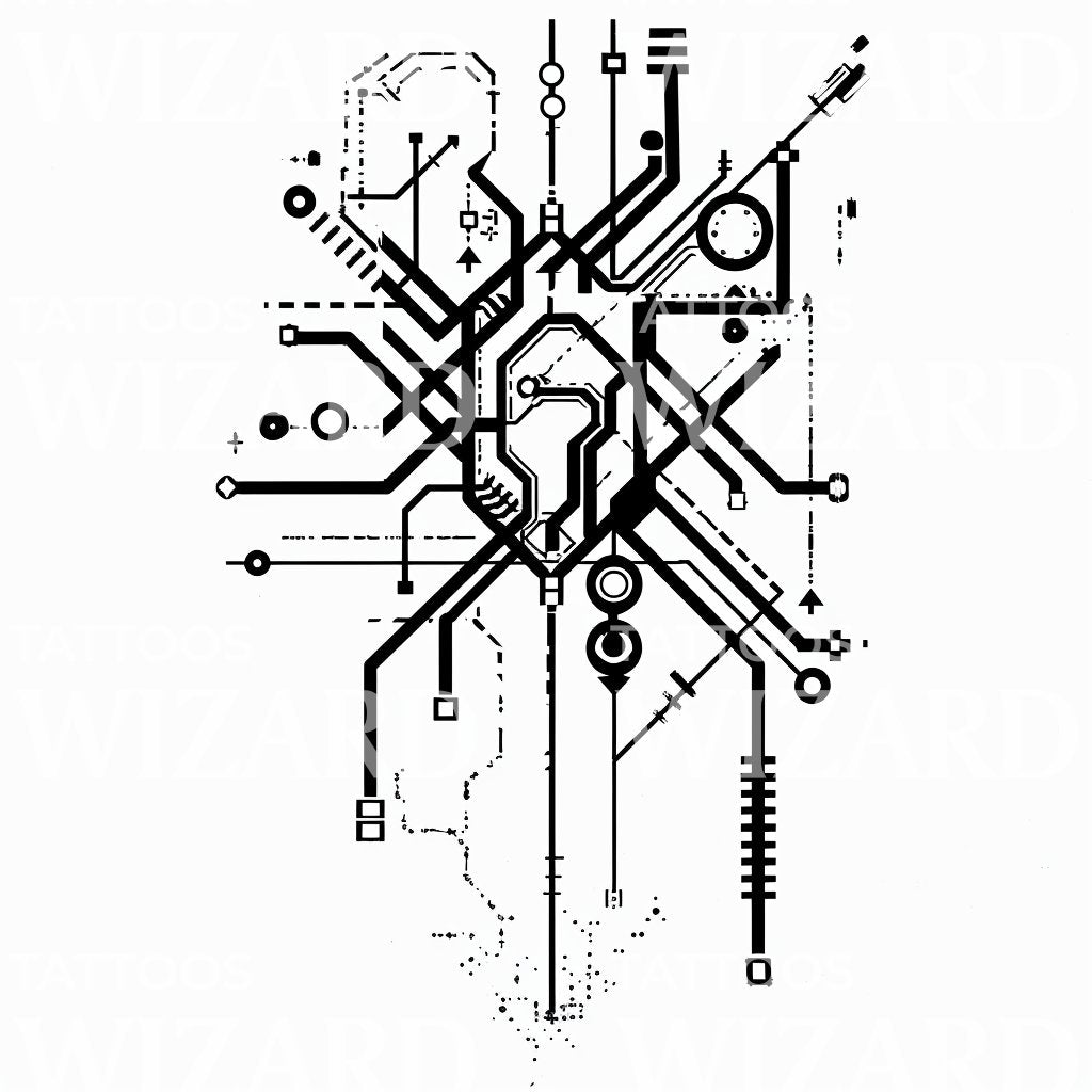 Abstract Tech-Inspired Geometric Circuitry Tattoo Idea