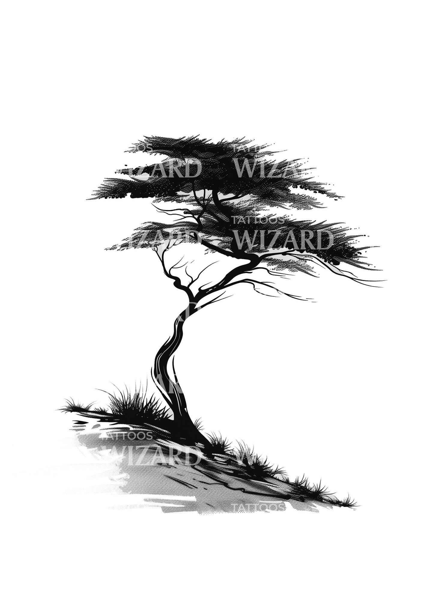 Acacia Tree in Sahara Landscape Tattoo Design