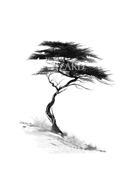 Acacia Tree in Sahara Landscape Tattoo Design