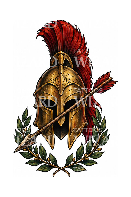 Achilles’ Korinthische helm met pijl en laurier tattoo-ontwerp