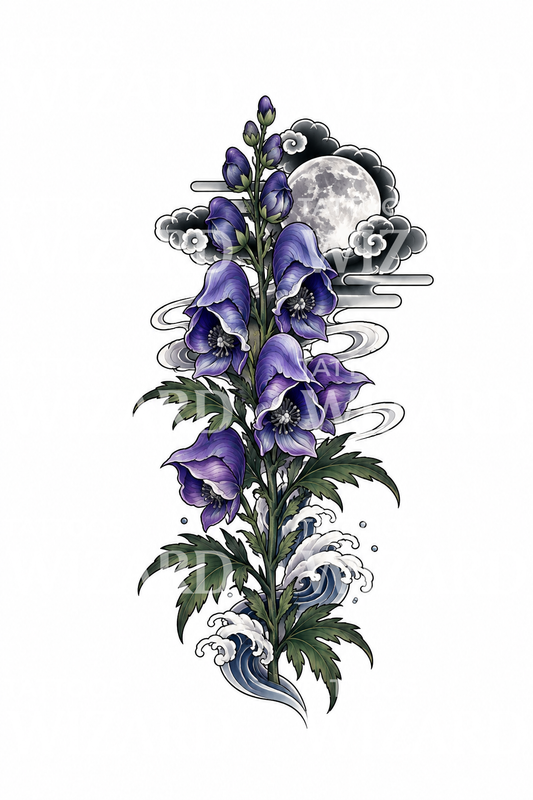 Eisenhut unter dem Mond im japanischen Tattoo-Stil