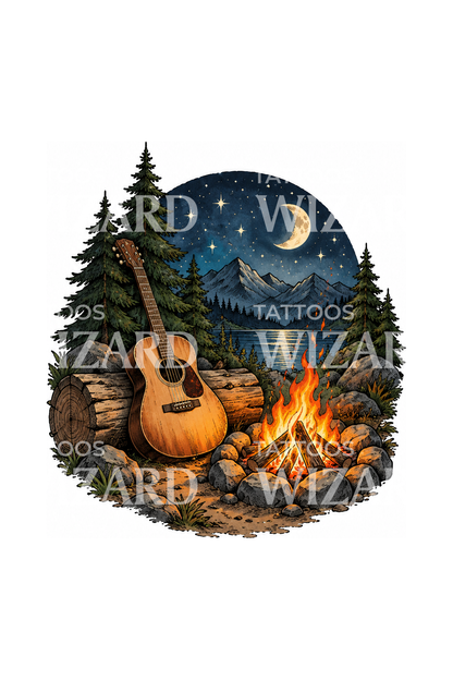 Guitarra acústica junto à fogueira como tatuagem