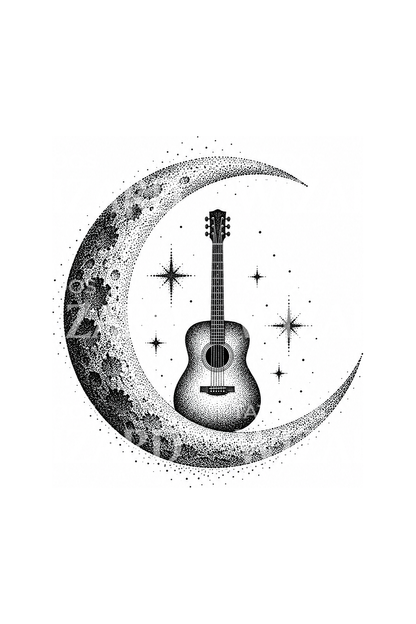 Acoustic Guitar in Crescent Moon Dotwork Tattoo