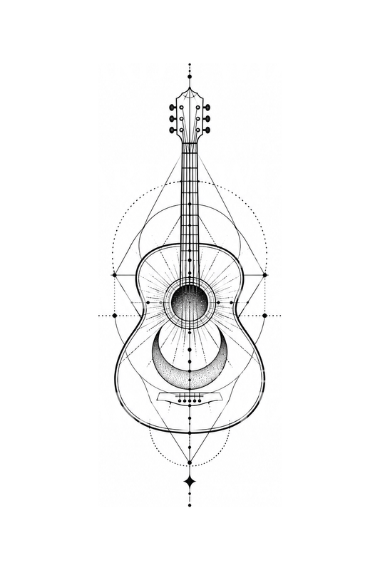 Tatuaż gitary akustycznej, świętej geometrii i księżyca