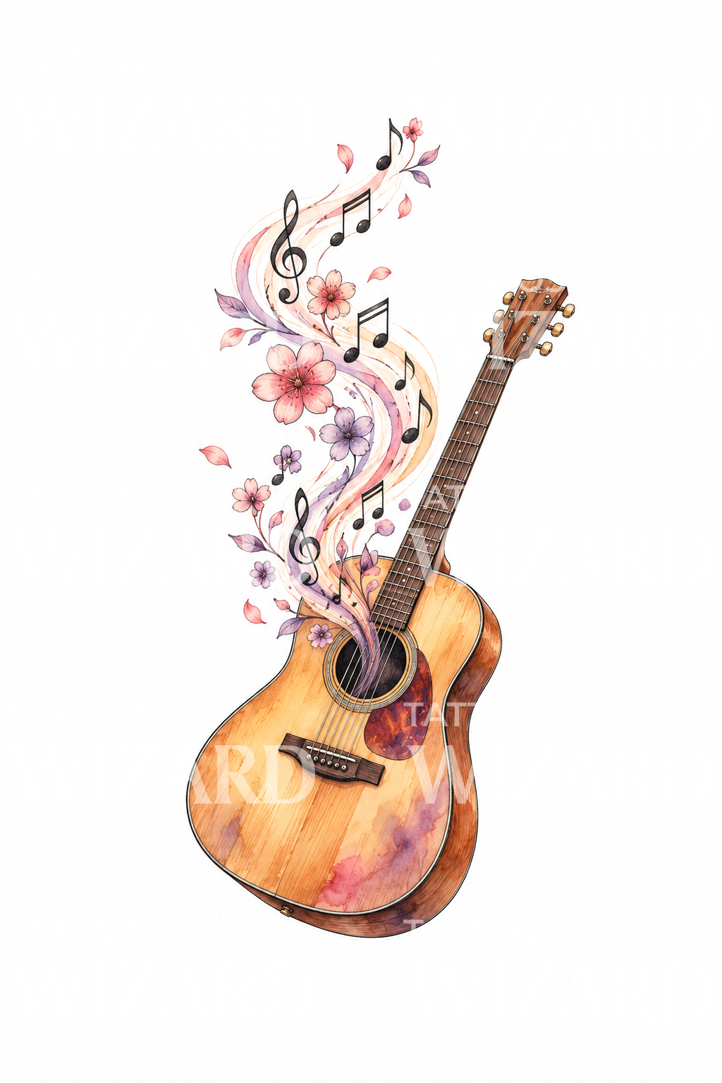 Tattoo einer Akustikgitarre mit fließender Melodie