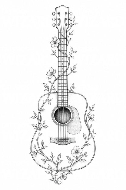 Acoustic Guitar with Vines Tattoo Design