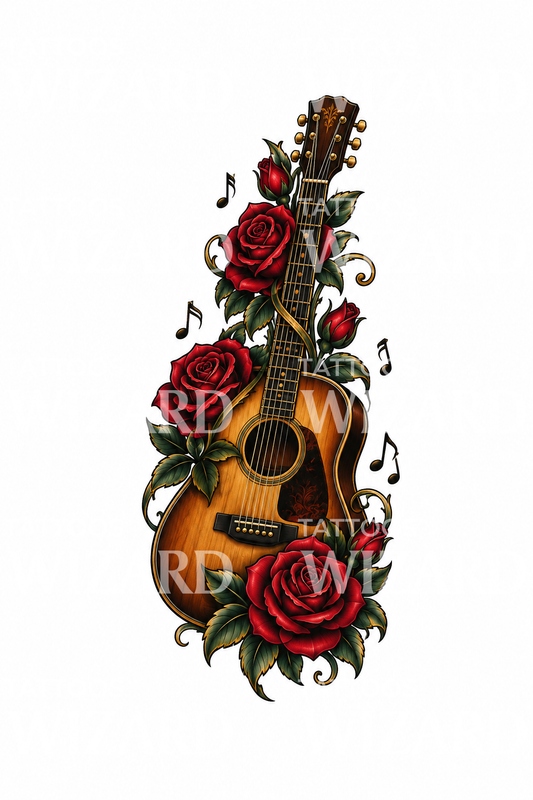 Acoustic Guitar Wrapped in Red Roses Tattoo Design