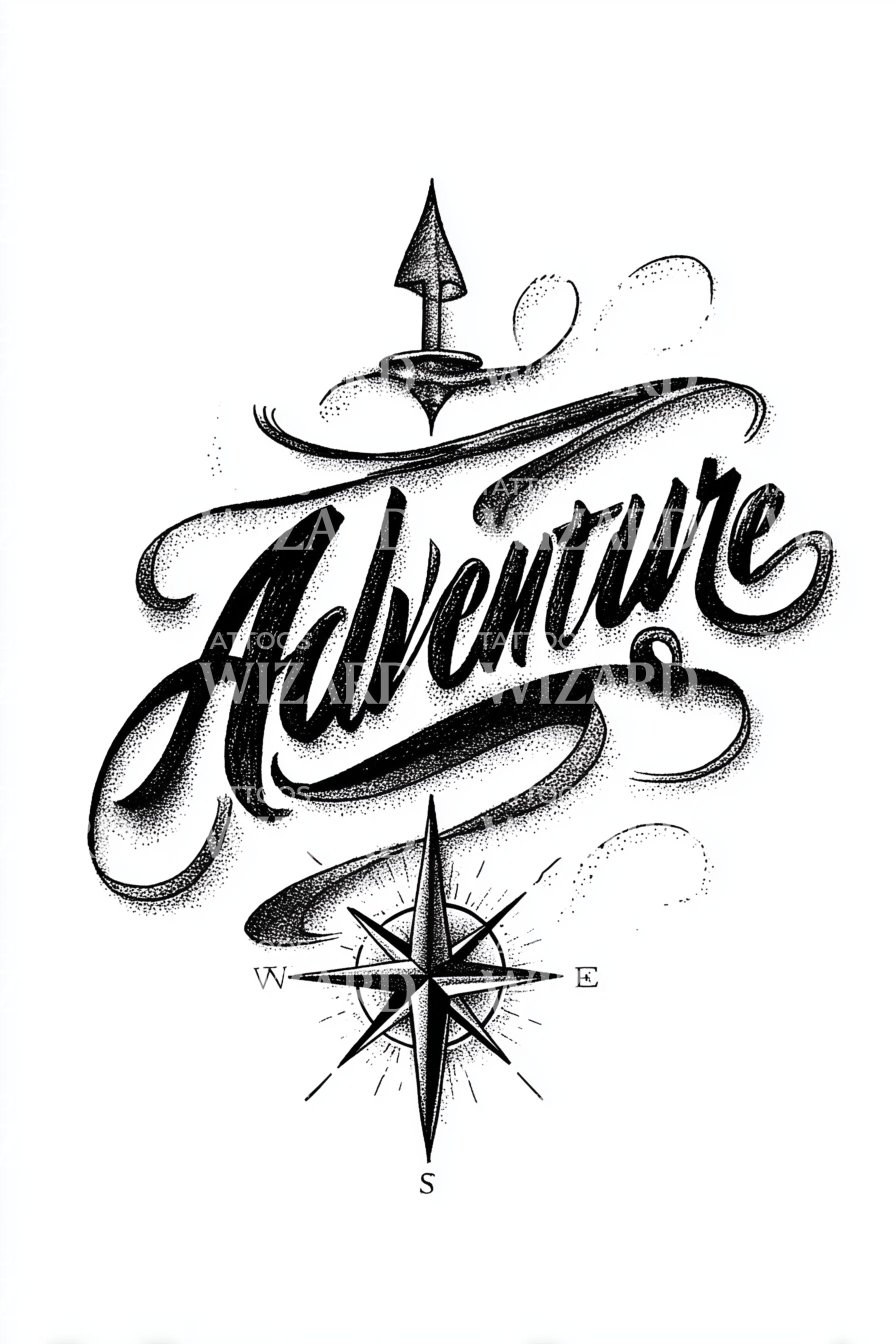 Compass In Script Writing Adventure Compass Script Tattoo Design – Tattoos Wizard Designs