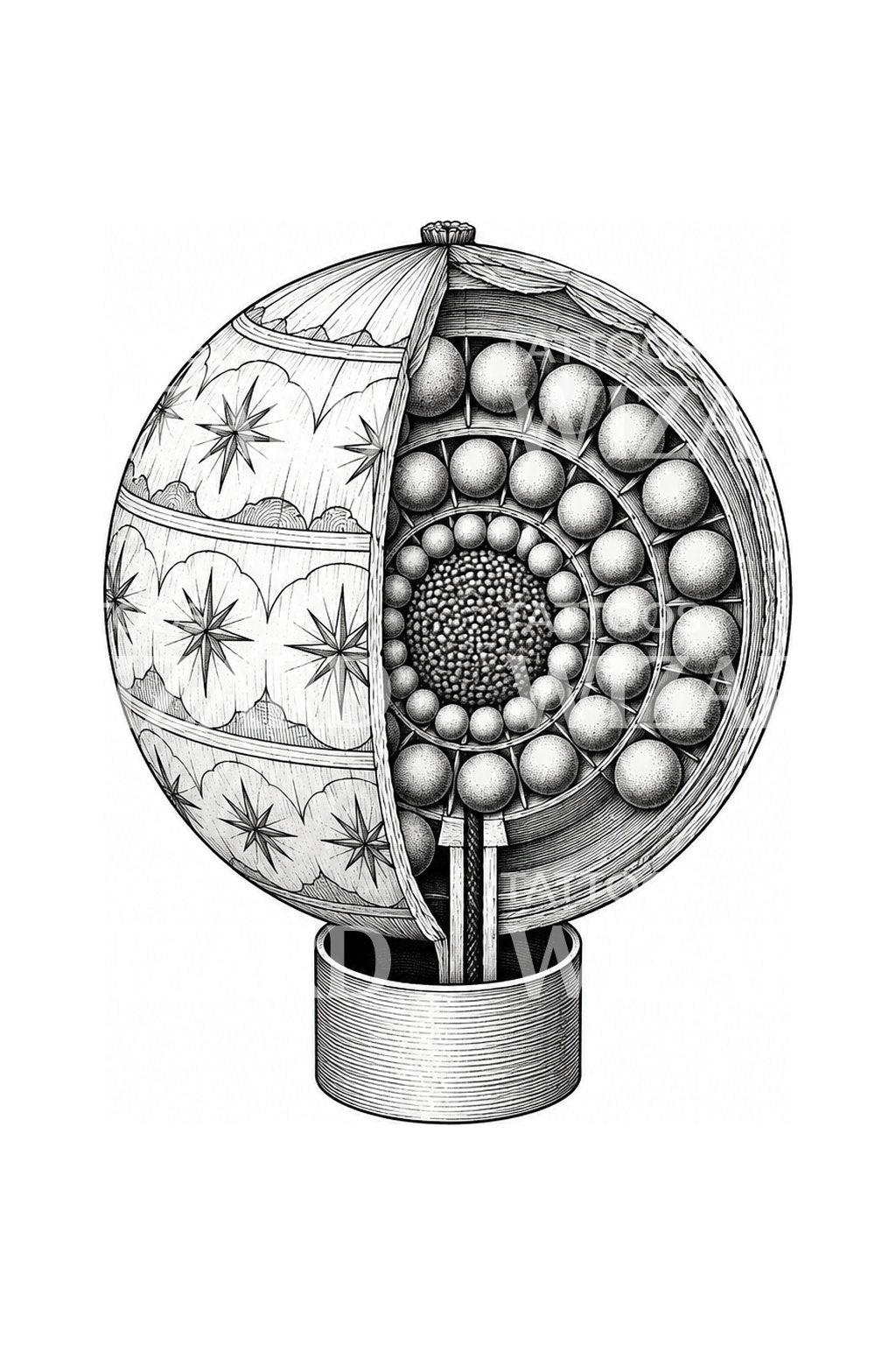 Illustratieve tatoeage van een opengesneden vuurwerkbom