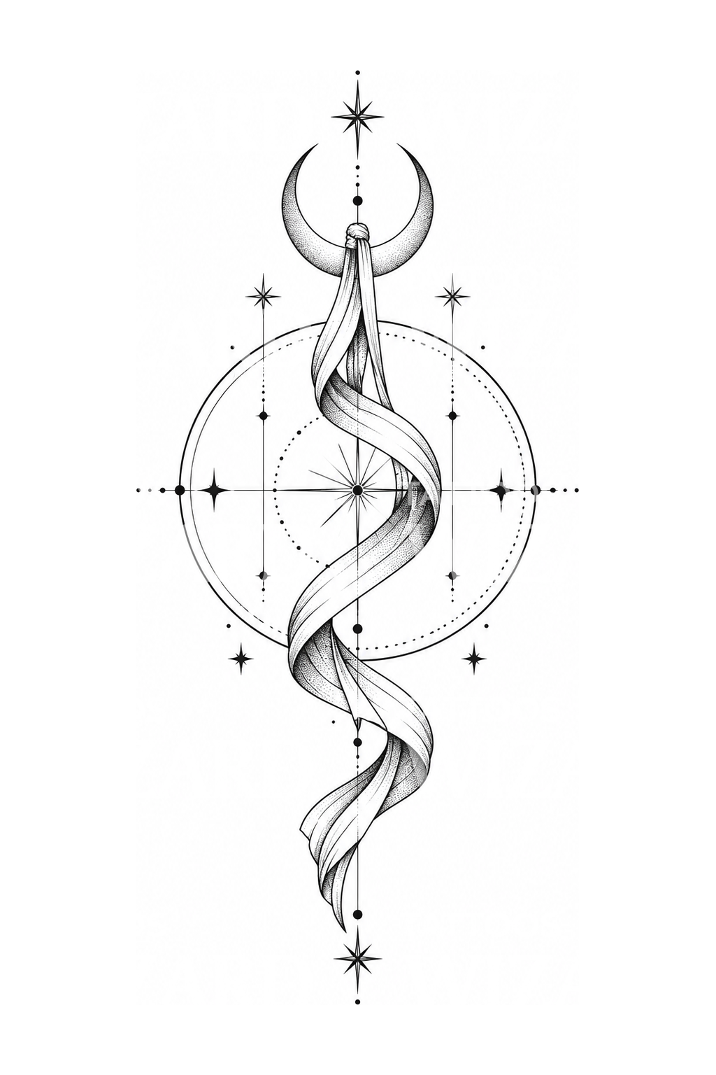Tatuagem geométrica de espiral de aerial silk e quarto crescente