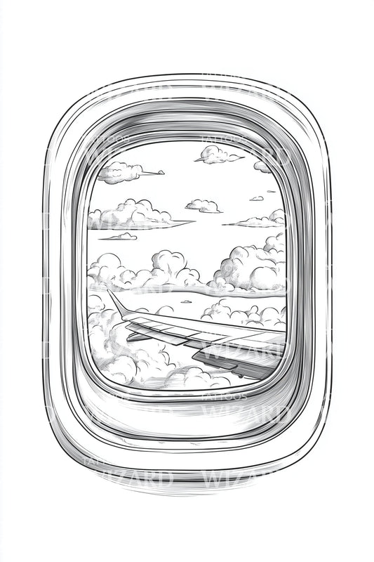 Illustration de tatouage de nuages vue aérienne à travers une fenêtre