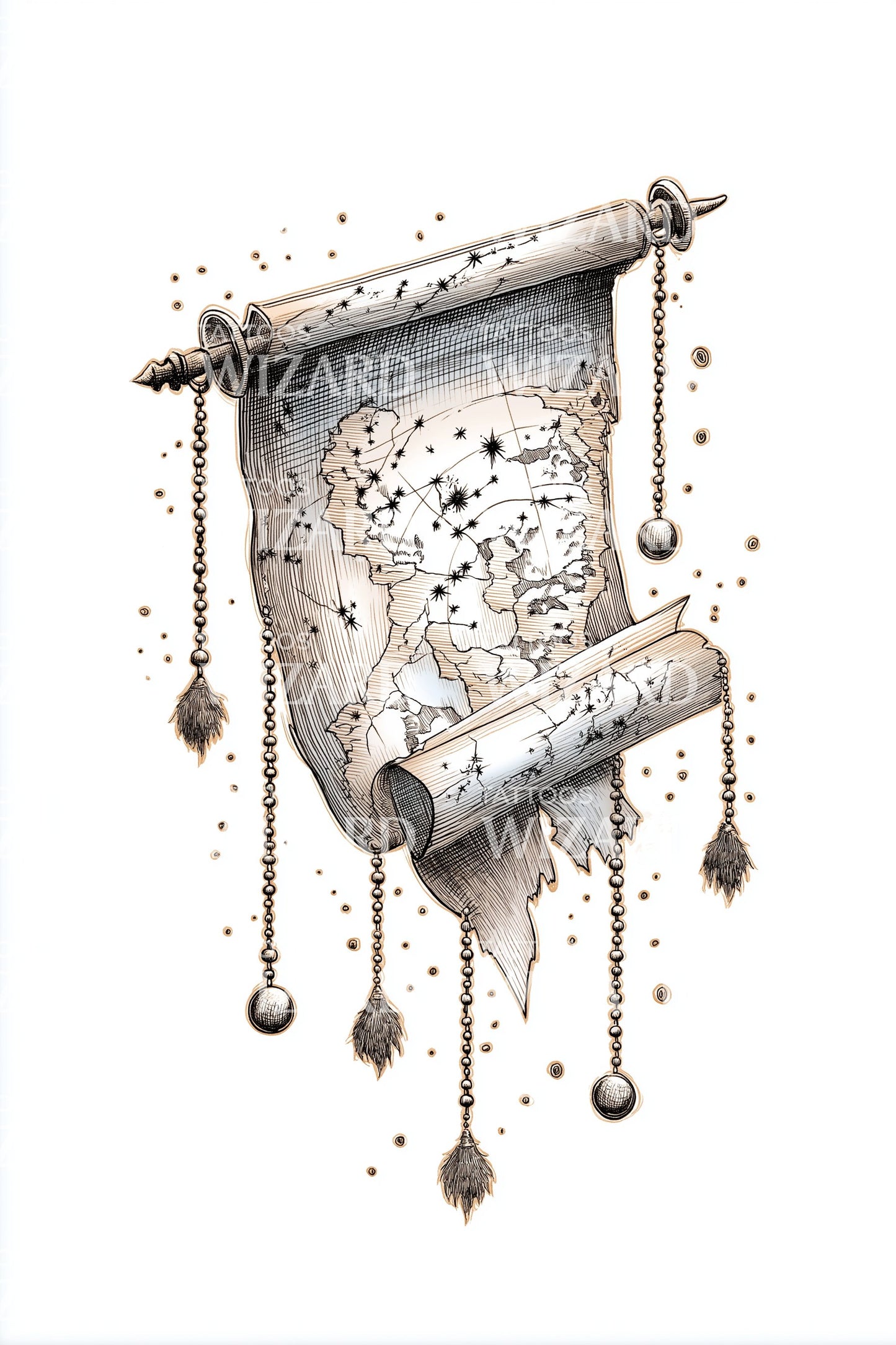 Aged Constellation Scroll Tattoo Illustration