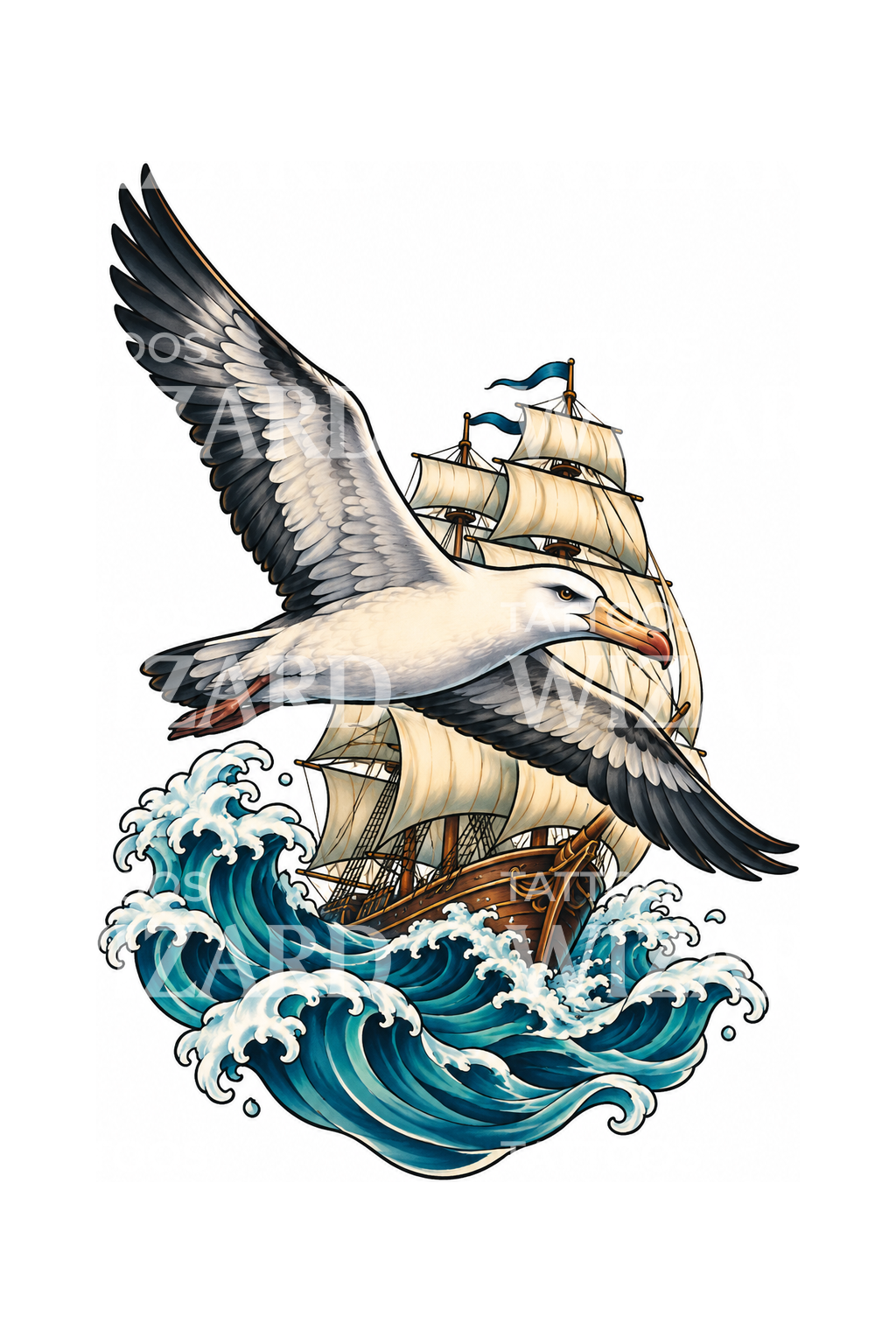 Albatross and Clipper Ship Tattoo Design