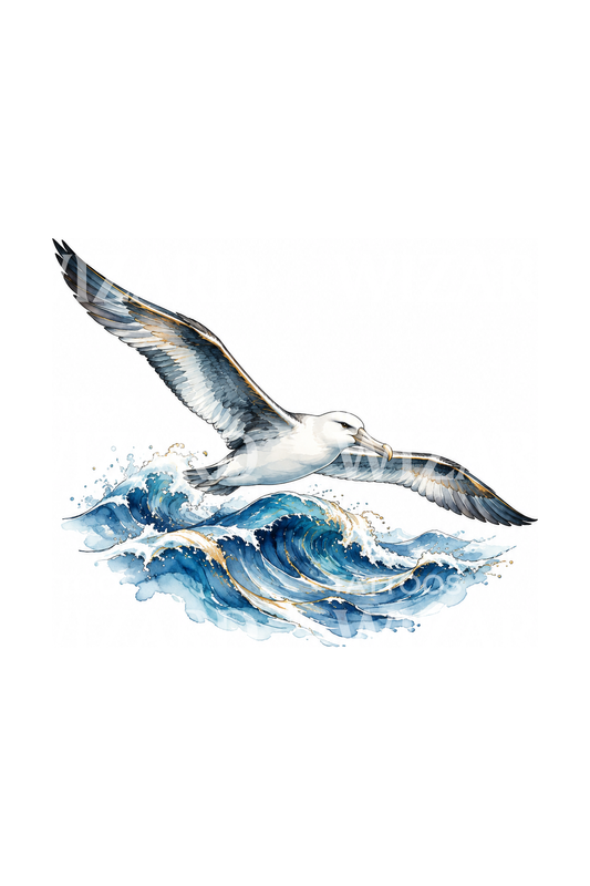 Albatross Gliding over Blue Waves Watercolor Tattoo