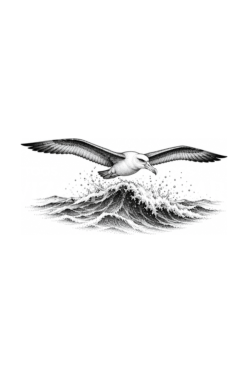 Albatross Gliding over Ocean Swell Dotwork Tattoo