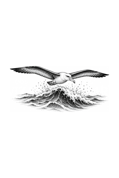 Albatross Gliding over Ocean Swell Dotwork Tattoo