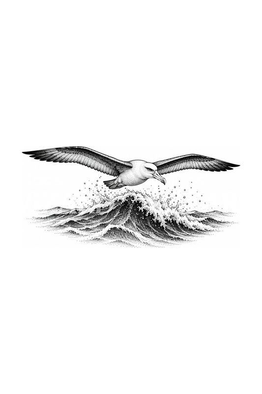 Albatross Gliding over Ocean Swell Dotwork Tattoo