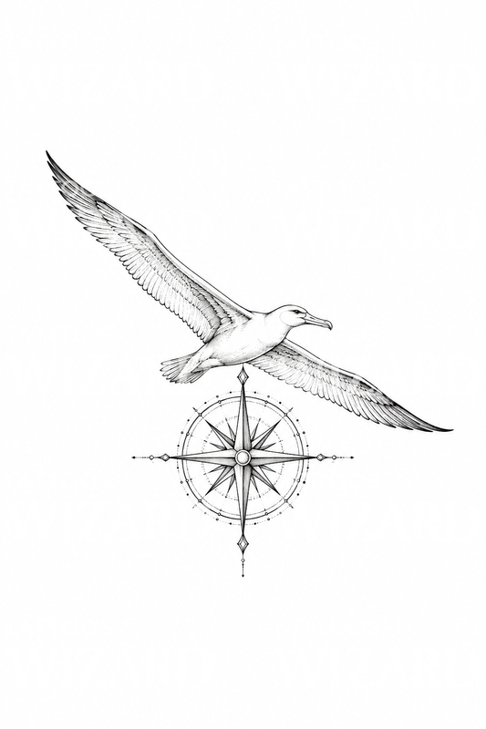 Albatros sobre brújula, tatuaje de línea fina